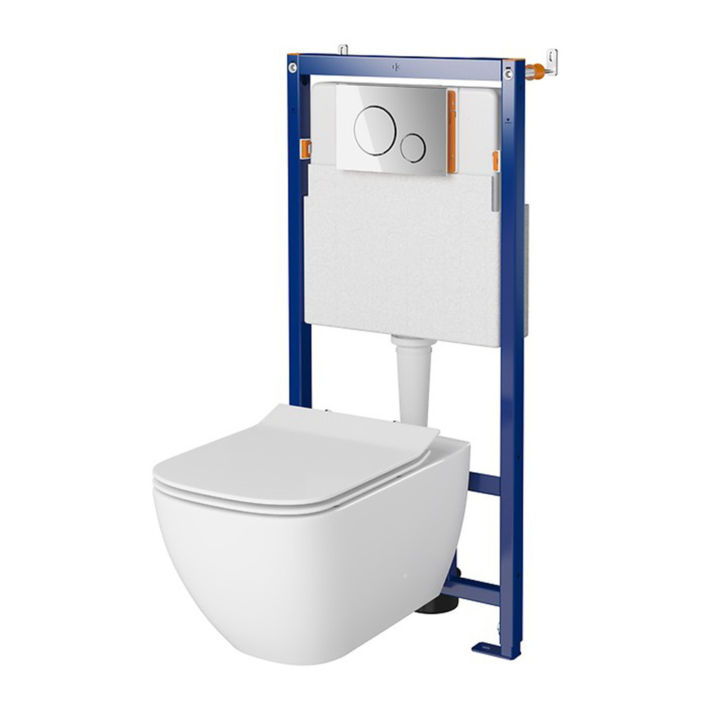 Set rezervor WC cu cadru B604 Cersanit Tech Line Opti si clapeta B2 crom plus vas WC Virgo cu capac alb alb