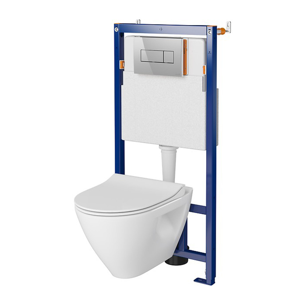 Set rezervor WC cu cadru B606 Cersanit Tech Line Opti si clapeta A1 crom plus vas WC Mille Plus cu capac alb alb