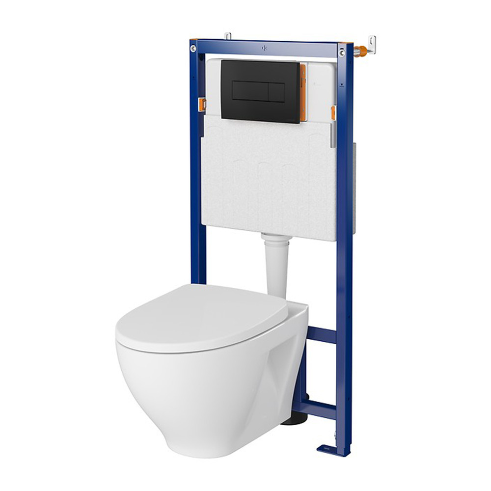 Set rezervor WC cu cadru B626 Cersanit Tech Line Opti si clapeta A1 negru plus vas WC Moduo cu capac alb alb