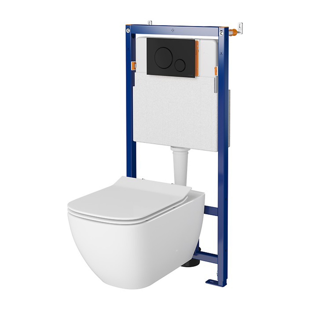Set rezervor WC cu cadru B631 Cersanit Tech Line Opti si clapeta B2 negru plus vas WC Virgo cu capac alb alb