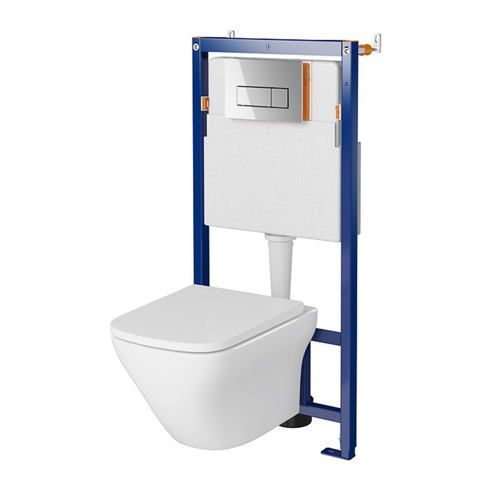 Set rezervor WC cu cadru B642 Cersanit Tech Line Opti si clapeta B1 crom plus vas WC Larga cu capac alb alb