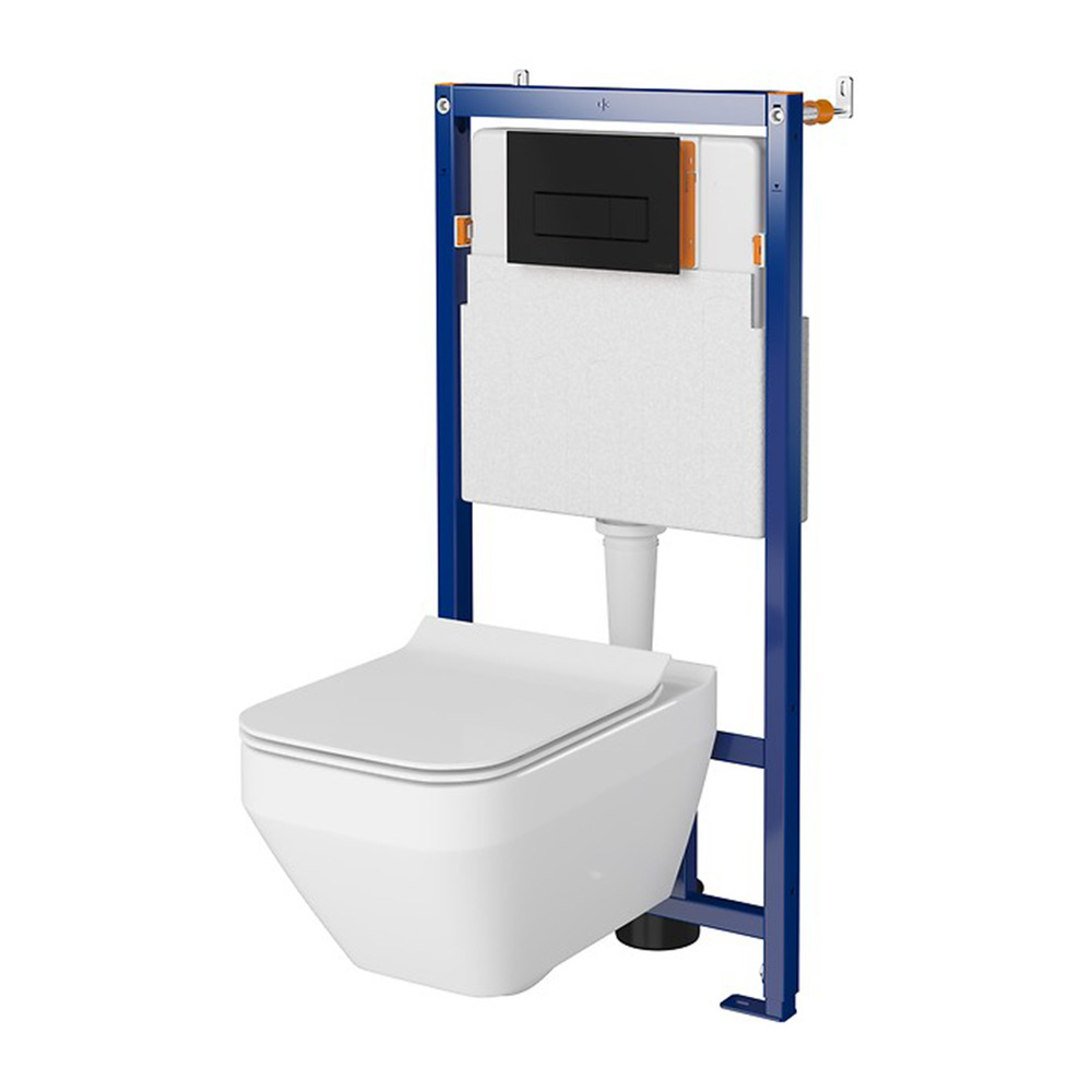 Set rezervor WC cu cadru B647 Cersanit Tech Line Opti si clapeta B1 negru plus vas WC Crea cu capac alb alb