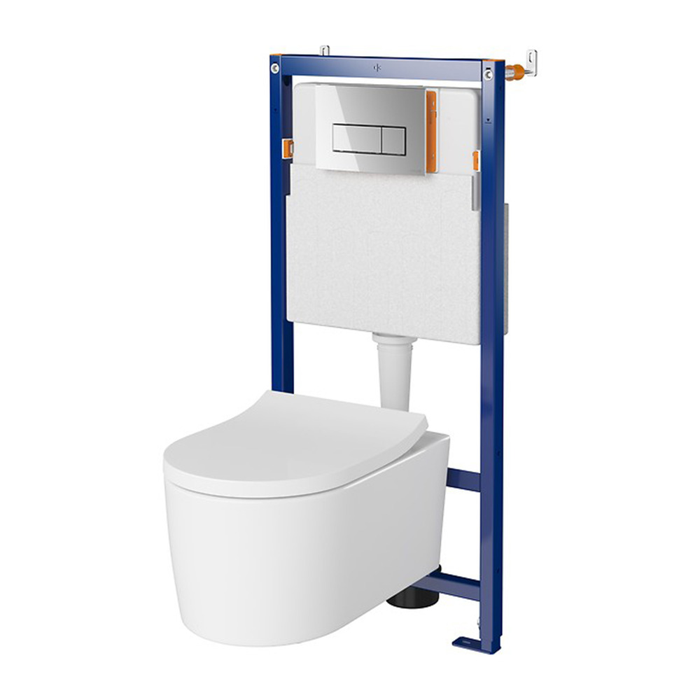 Set rezervor WC cu cadru B648 Cersanit Tech Line Opti si clapeta B1 crom plus vas WC Inverto cu capac alb alb