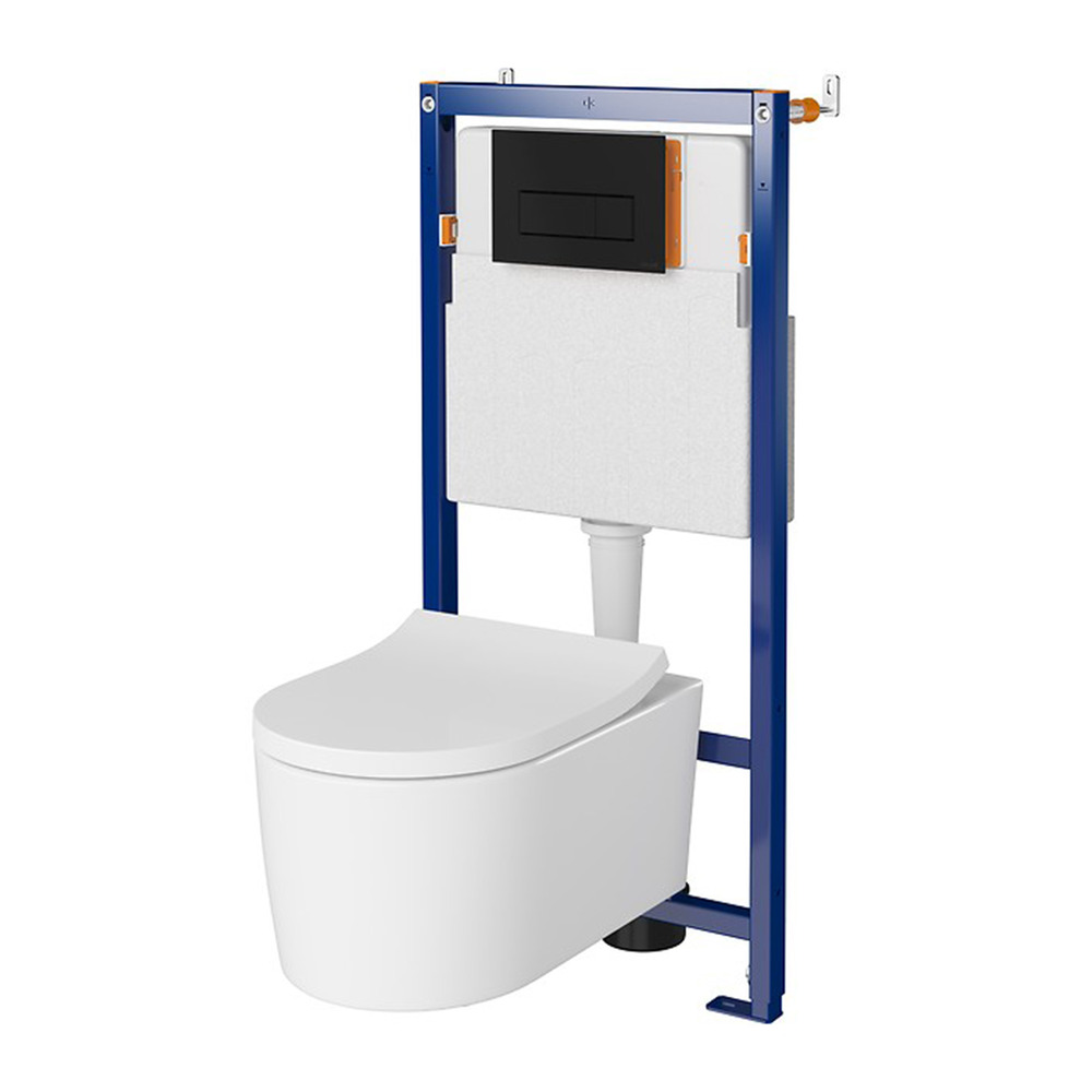 Set rezervor WC cu cadru B649 Cersanit Tech Line Opti si clapeta B1 negru plus vas WC Inverto cu capac alb alb