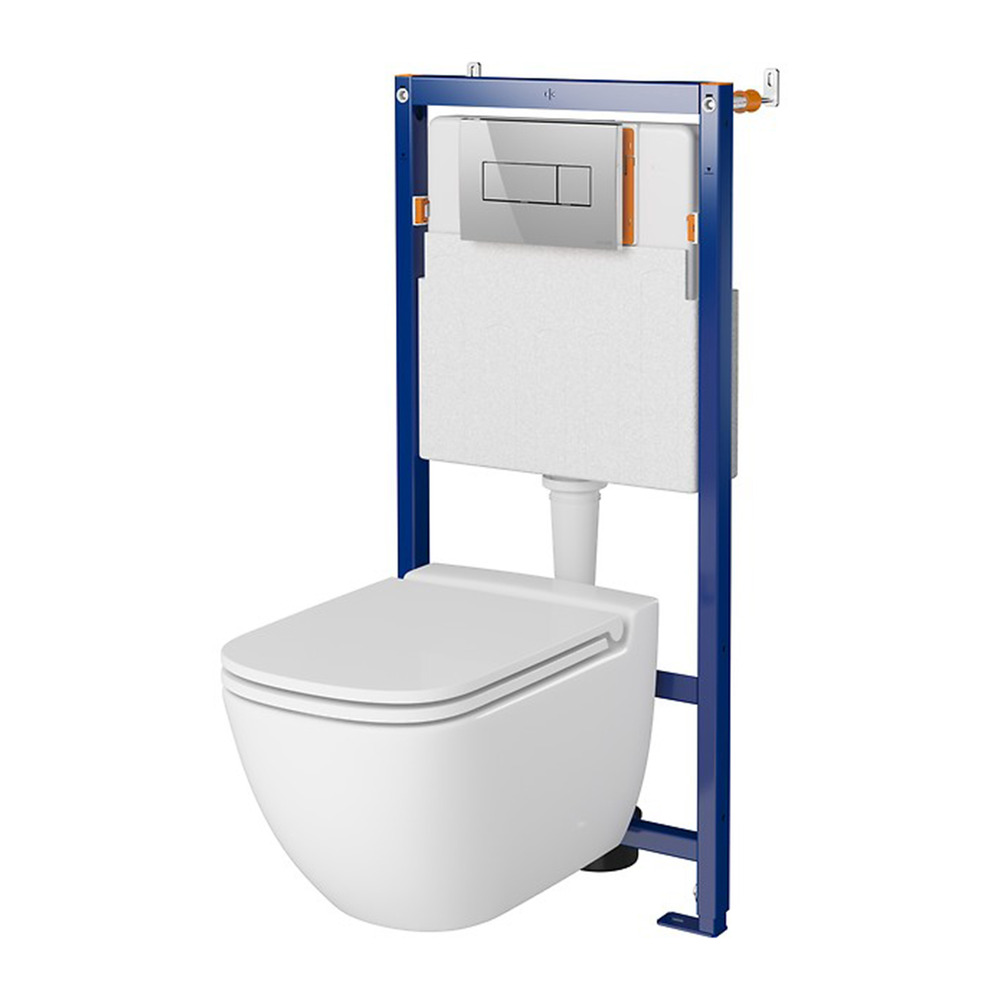 Set rezervor WC cu cadru B657 Cersanit Tech Line Opti si clapeta A1 crom plus vas WC Caspia cu capac alb alb