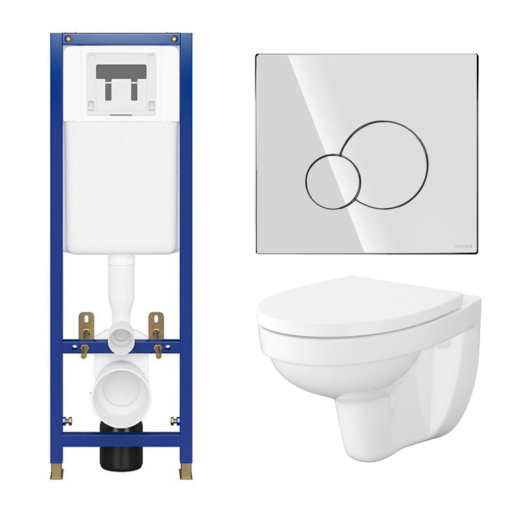 Set rezervor WC cu cadru B679 Cersanit Tech Line Base si clapeta Circle crom plus vas WC Cersania cu capac alb alb