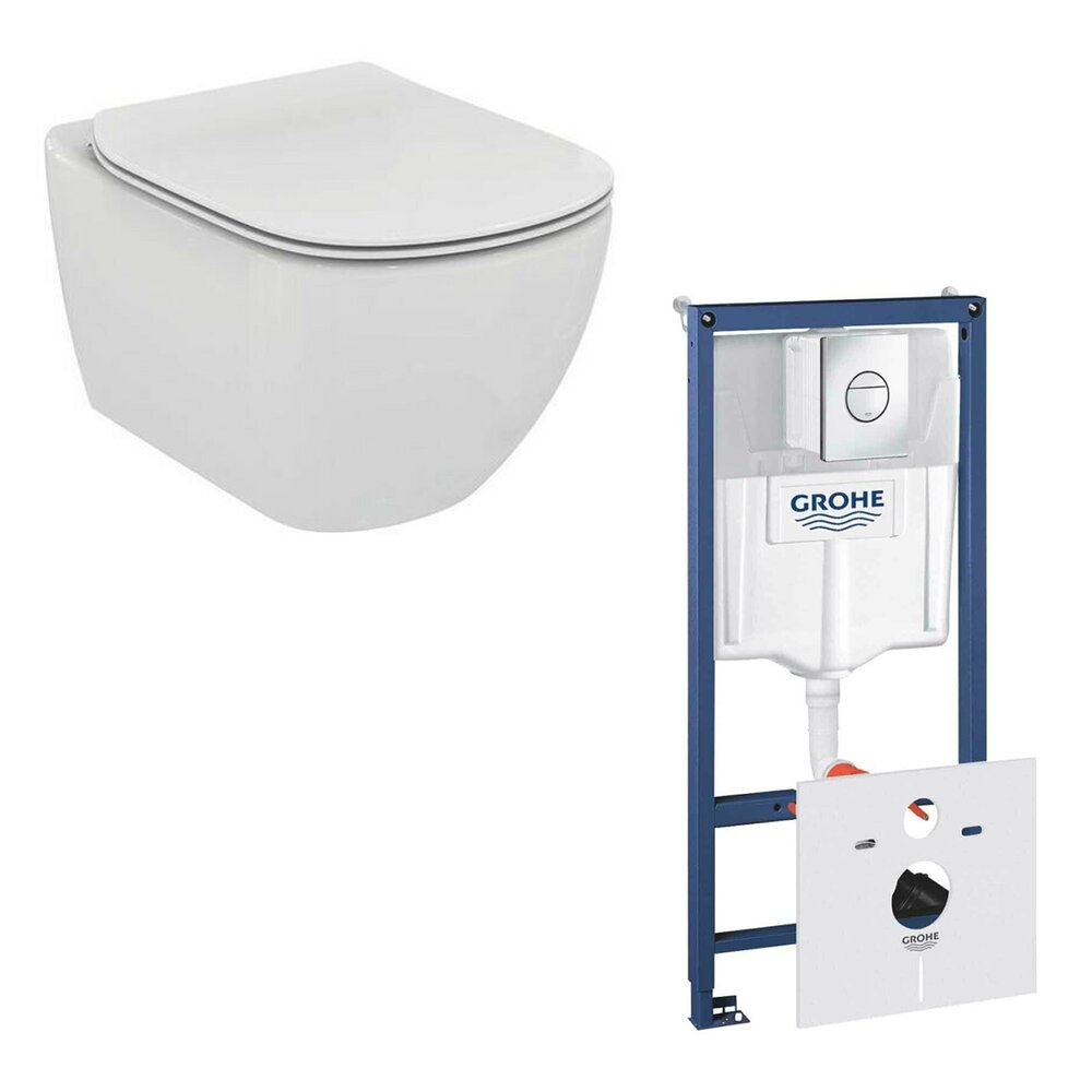 Set vas wc Ideal Standard Tesi AquaBlade cu capac soft close si rezervor Grohe cu clapeta Nova Cosmopolitan Ideal Standard