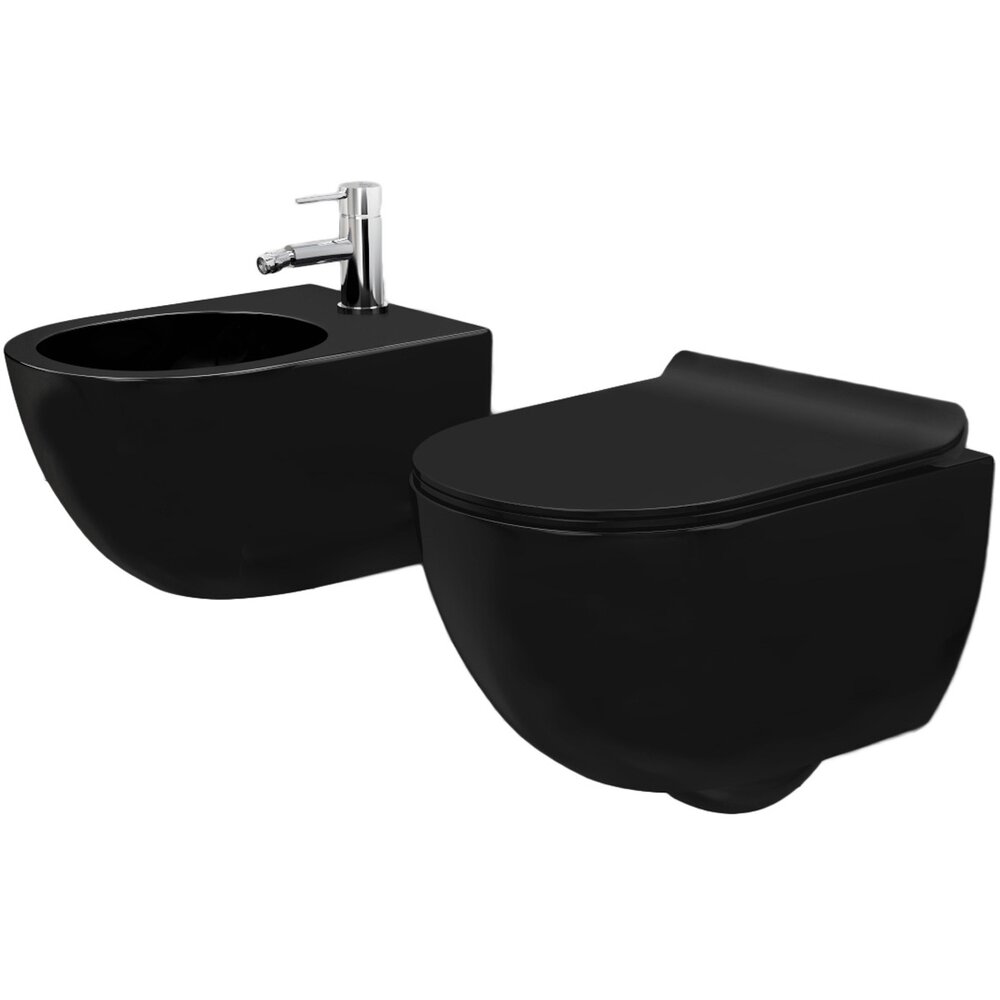 Set vas wc negru mat suspendat capac slim softclose si bideu Rea Carlo Mini neakaisa.ro