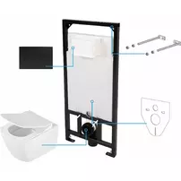 Set vas WC suspendat Deante Anemon Zero alb cu cadru de toaleta, rezervor ascuns si cu buton de actiune negru