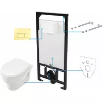 Set vas WC suspendat Deante Avis alb cu cadru de toaleta, rezervor ascuns si cu buton de actiune auriu picture - 1
