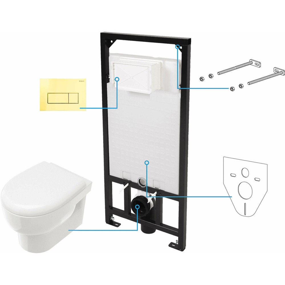 Set vas WC suspendat Deante Avis alb cu cadru de toaleta, rezervor ascuns si cu buton de actiune auriu actiune