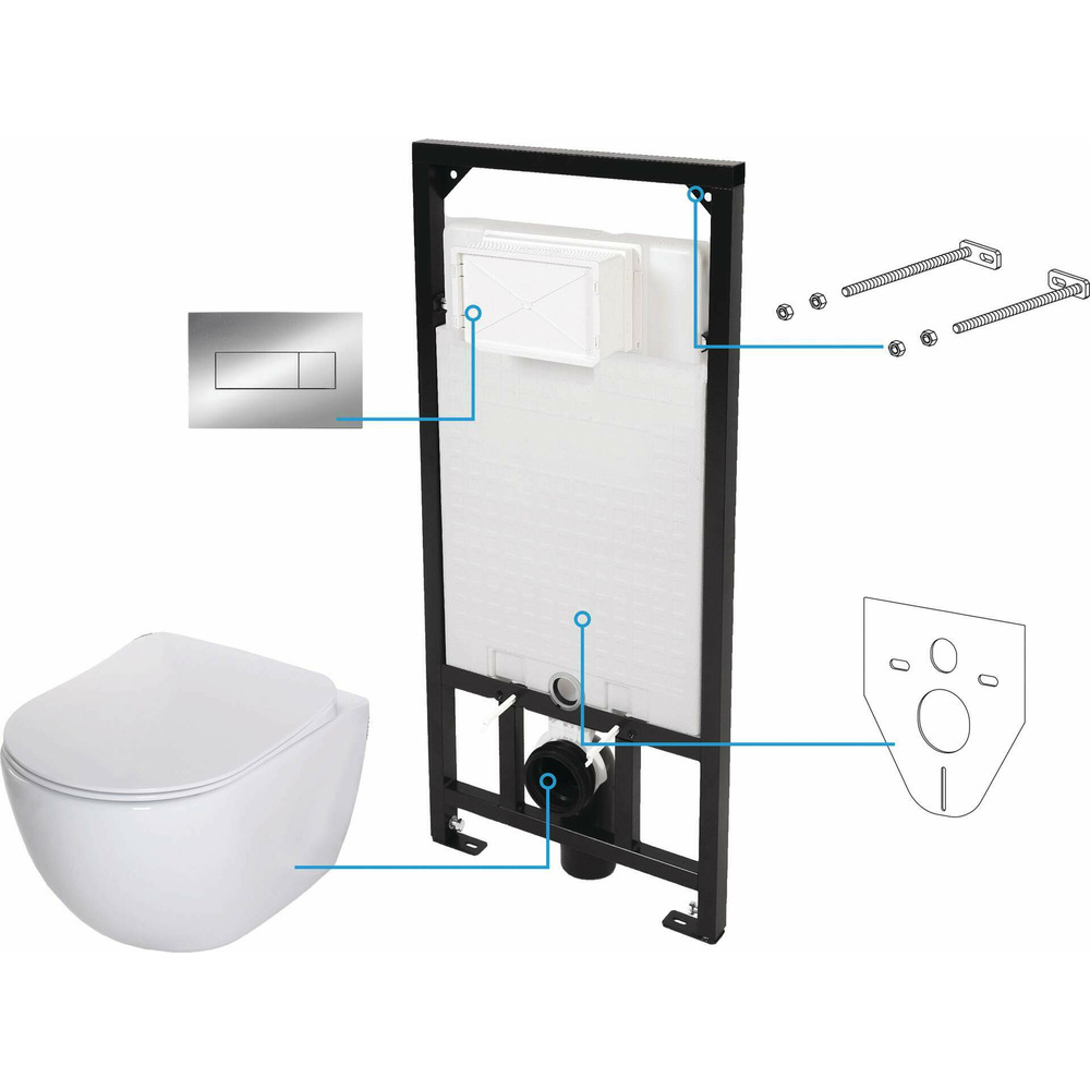 Set vas WC suspendat Deante Peonia Zero alb cu cadru de toaleta, rezervor ascuns si buton de actiune crom actiune