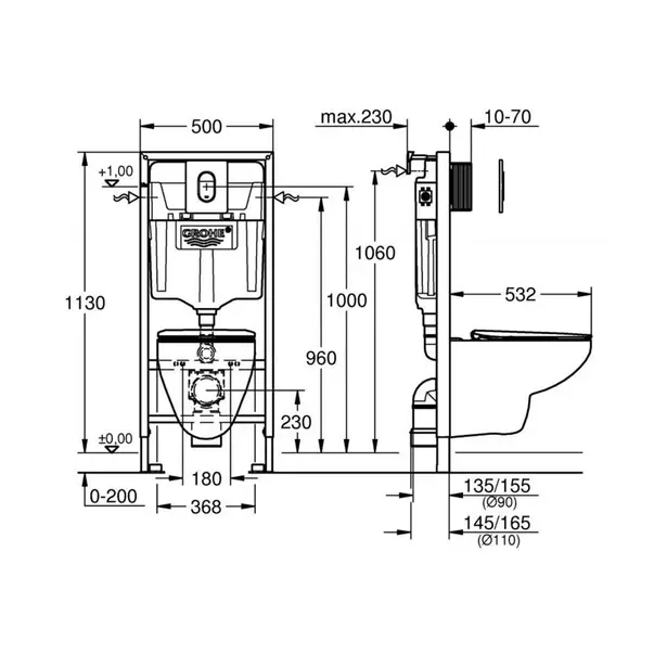 Set vas WC suspendat Grohe Solido 5 in 1 rezervor incastrat cu clapeta crom Arena si capac Bau Ceramic picture - 2