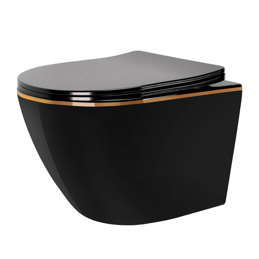 Set vas WC suspendat Rea Carlo Mini negru – auriu lucios cu capac softclose auriu