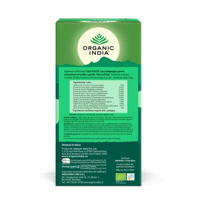 Ceai Tulsi Focus, Amestec Adaptogen pentru Concentrare si Sprijin Cognitiv, bio, 25 plicuri, Organic India