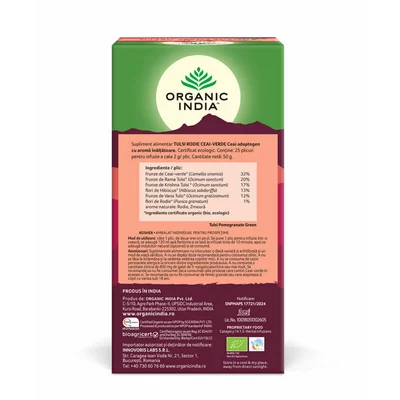 Ceai Tulsi Rodie Ceai Verde, O Gura Divina de Savoare, eco, 25 plicuri, Organic India