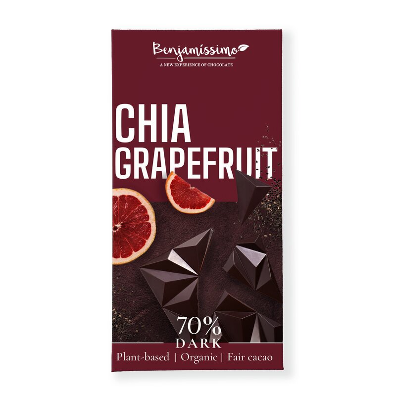 Ciocolata neagra 70% cu chia si grapefruit, bio, 60g, Benjamissimo