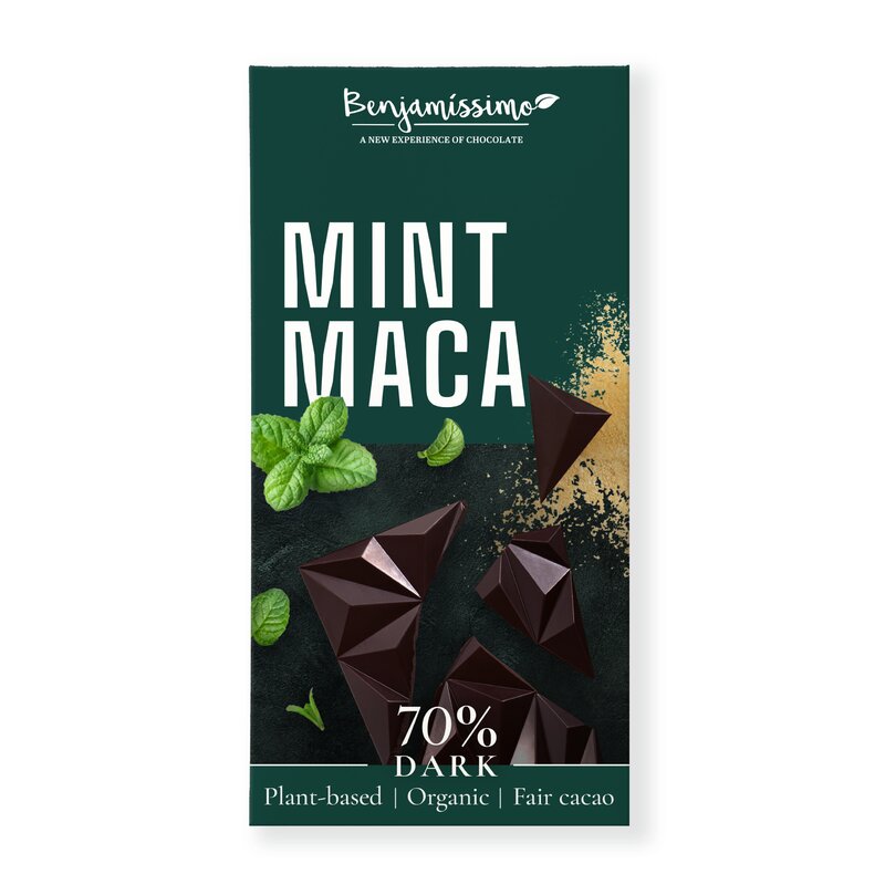 Ciocolata neagra 70% cu menta si maca, bio, 60g, Benjamissimo