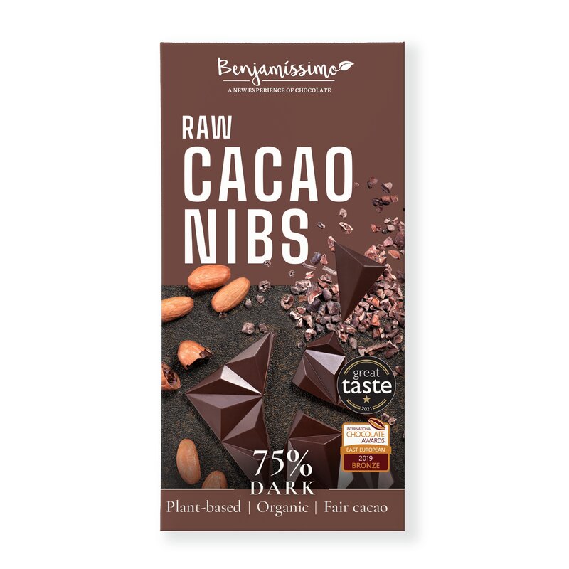 Ciocolata neagra 75% cu cacao nibs, bio, 60g, Benjamissimo