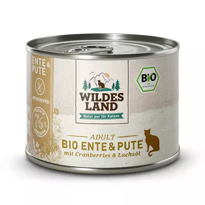 Hrana umeda pentru pisici BIO cu rata si curcan, 200g, Wildes Land