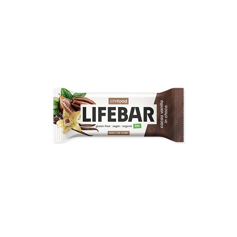 Lifebar baton cu cacao si vanilie in ciocolata, raw, bio, 40g, Lifefood
