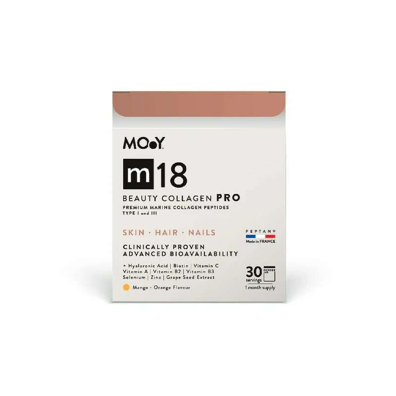 m18 PRO Colagen hidrolizat marin premium, dovedit clinic, beauty, 6.300mg tip I si III, aroma mango si portocale, 30 portii, 240 g, natural, Molecules of Youth