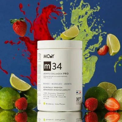 m34 PRO Colagen hidrolizat bovin premium, dovedit clinic, articulatii, 7.000mg tip I, II si III, aroma capsuni si lime, 30 portii, 390 g, natural, Molecules of Youth