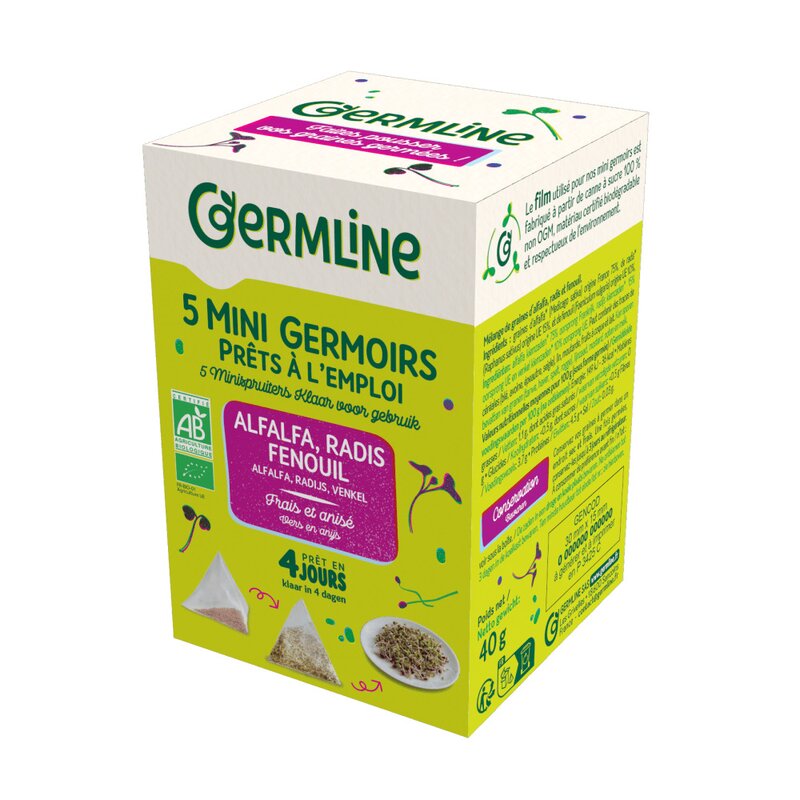 Mini germinatoare cu seminte de alfalfa, ridiche si fenicul, bio, 5 bucati x 8g, 40g, Germline