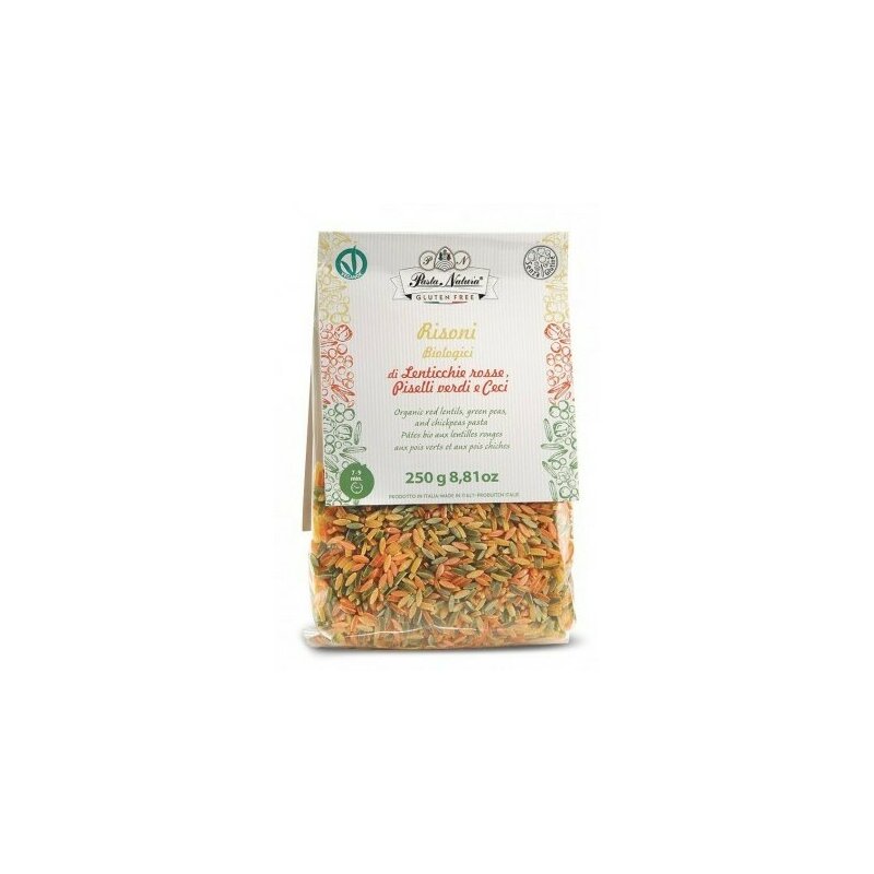 Paste Risoni tricolore cu mazare, linte si naut 250g Pasta Natura