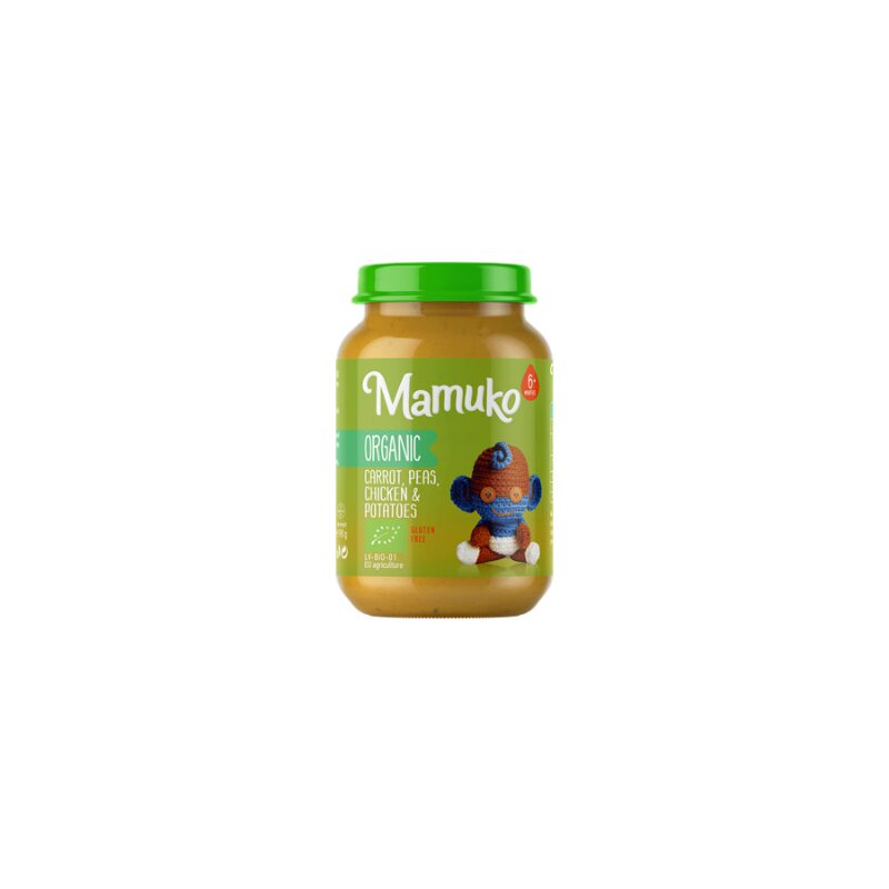 Piure de morcovi, mazare, cartofi cu pui, bio, 190g, Mamuko