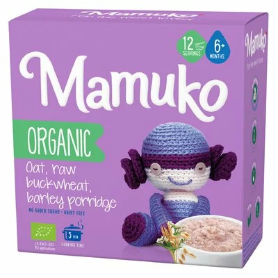 Porridge din 3 cereale ovaz, hrisca si orz bio, 6+ luni, 200g Mamuko PRET REDUS