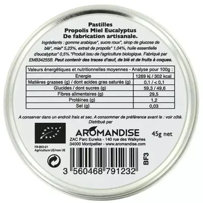 Bomboane artizanale cu propolis, miere si eucalipt bio 45g Aromandise