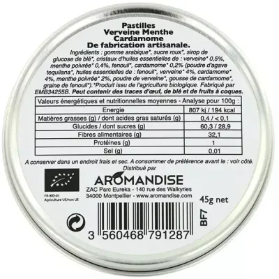 Bomboane artizanale cu verbina, menta si cardamon bio 45g Aromandise