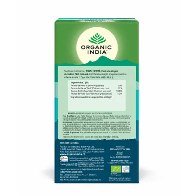 Ceai Tulsi Menta, Amestec Adaptogen Reimprospatant, bio, 25 plicuri, Organic India