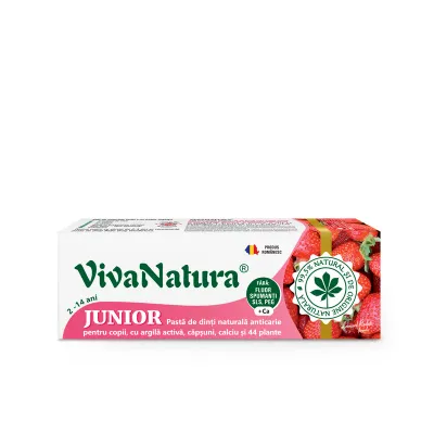 Junior Capsuni - pasta de dinti naturala pentru copii cu argila activa, capsuni, calciu si 44 plante, fara fluor, 80ml, VivaNatura