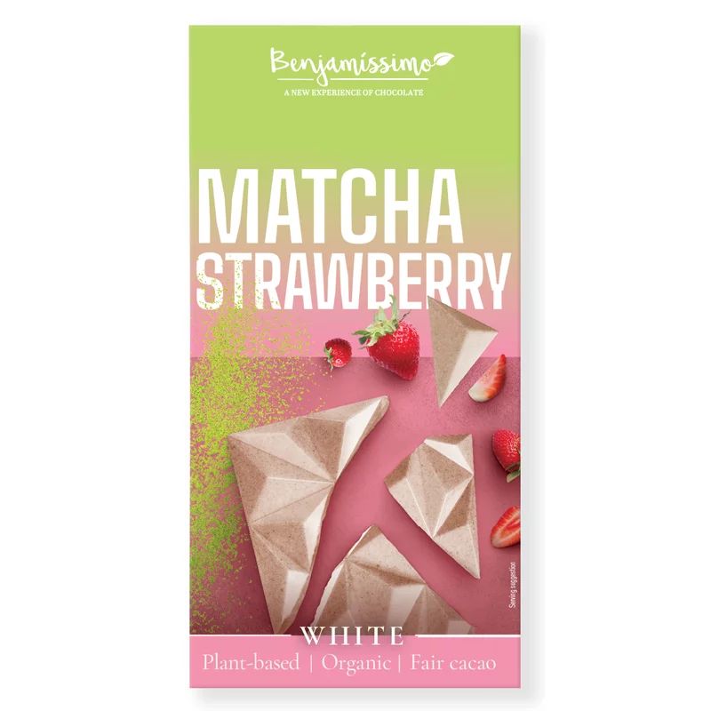 Ciocolata alba cu matcha si capsuni bio 60g Benjamissimo