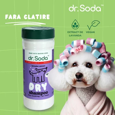 Sampon uscat pentru caini cu bicarbonat de sodiu si extract de lavanda, 350g, Dr.Soda