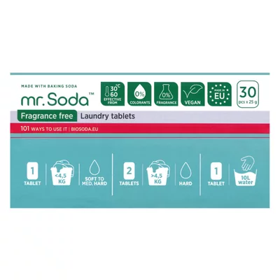 Tablete pentru masina de spalat rufe cu bicarbonat de sodiu, 30 bucati x 25g, Mr.Soda