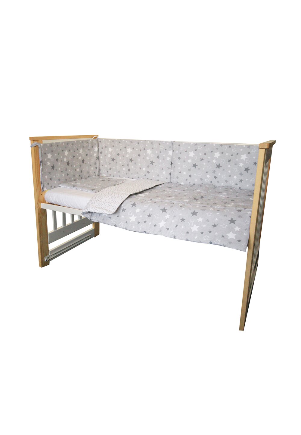Lenjerie 4 piese, Prichindel, gri cu stelute si verso alb cu stelute gri,120x60cm