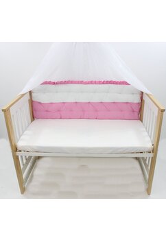 Aparatoare laterala, Prichindel, matlasata, bumbac, cu volanas, alb cu roz, 120x44cm