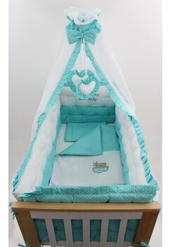 Baldachin voal cu inimioare decor, turcoaz cu buline, 300x160cm