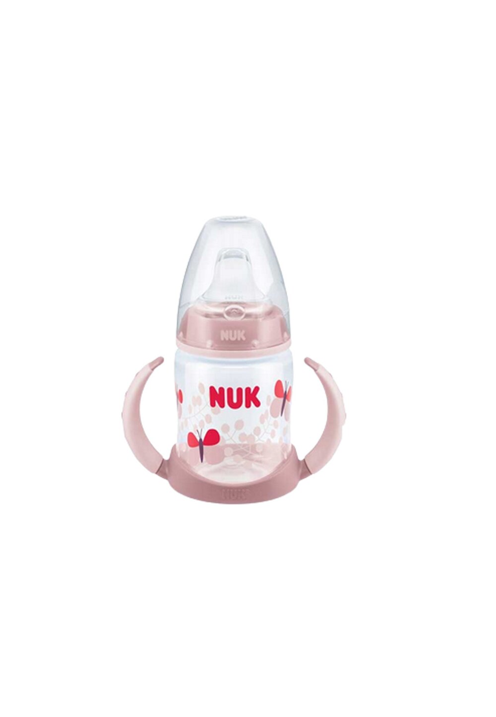 Biberon Nuk cu manere, tetina din silicon, + 6 luni, 150ml, roz cu fluture