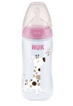 Biberon, Nuk First Choice+, cu  senzor de temperatura, Girafa, 0-6 luni, 300 ml, roz