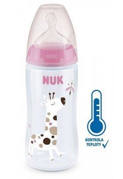 Biberon, Nuk First Choice+, cu  senzor de temperatura, Girafa, 0-6 luni, 300 ml, roz
