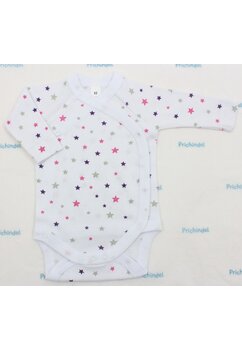Body maneca lunga, stelute roz si mov, bumbac, alb
