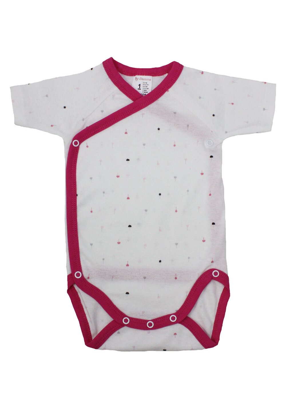 Body maneca scurta, alb cu stelute roz