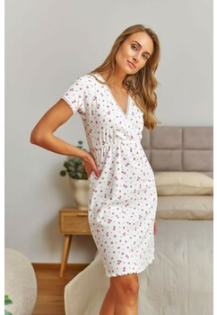 Camasa pentru alaptat, Olivia, bumbac, alba cu floricele