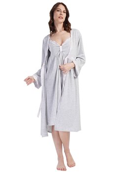 Compleu pentru alaptat, 70% bumbac, Mimi, gri cu dantela roz