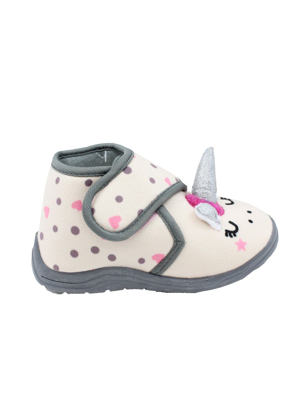 Incaltaminte interior, material textil, cu scai, unicorn, crem cu buline