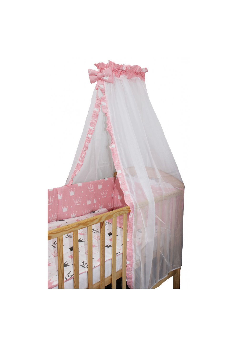 Lenjerie 2 fete, 6 piese, coronite Princess roz, cu baldachin, 140 x 70 cm